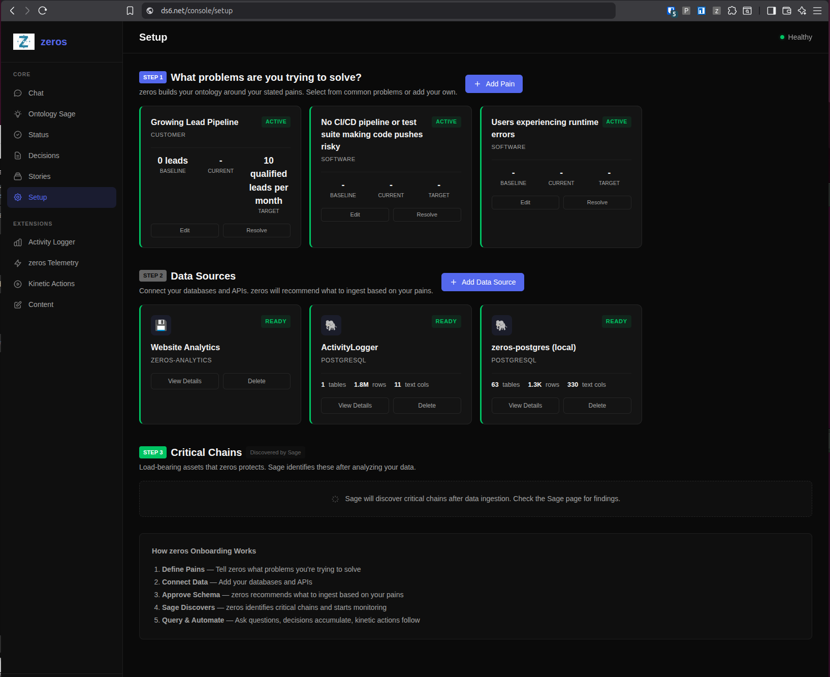 zeros Setup showing data source connection
